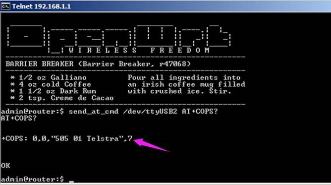 TR321-M_setup_2 You are allowed to telnet to the TR321-M device via telnet 192.168.1.1 as default, and command “send_at_cmd /dev/ttyUSB2 AT+COPS?” to check the result. The responds would like “+COPS: 0,0,"460 01",7” , .