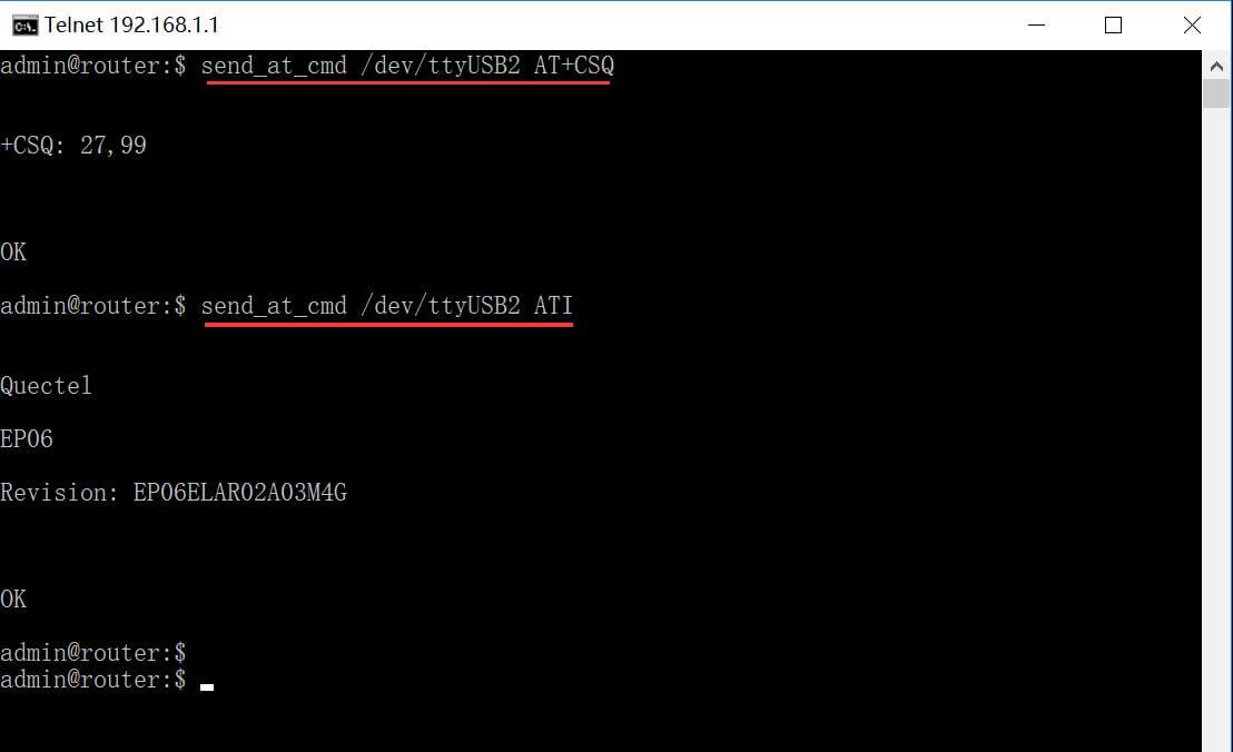 telnet_command2 Users are allowed to execute AT commands by "send_at_cmd /dev/ttyUSB2 ", to perform any operations from module.