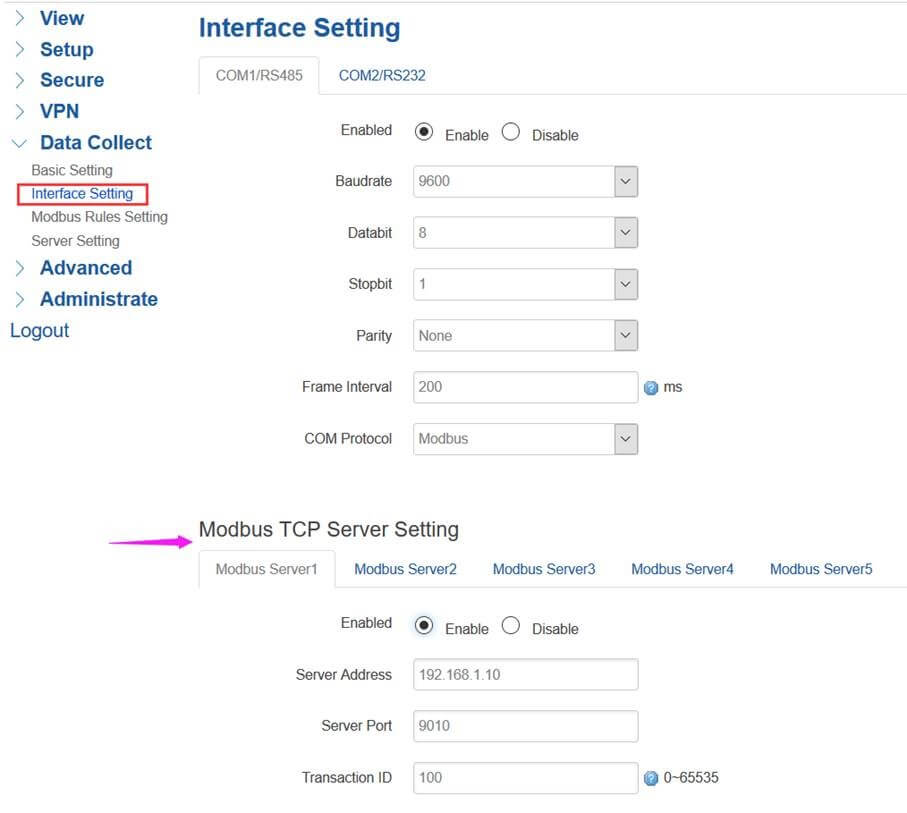 3 Reconnect to your TR321 and access to its webUI, you will see there is an item for Modbus TCP setting.