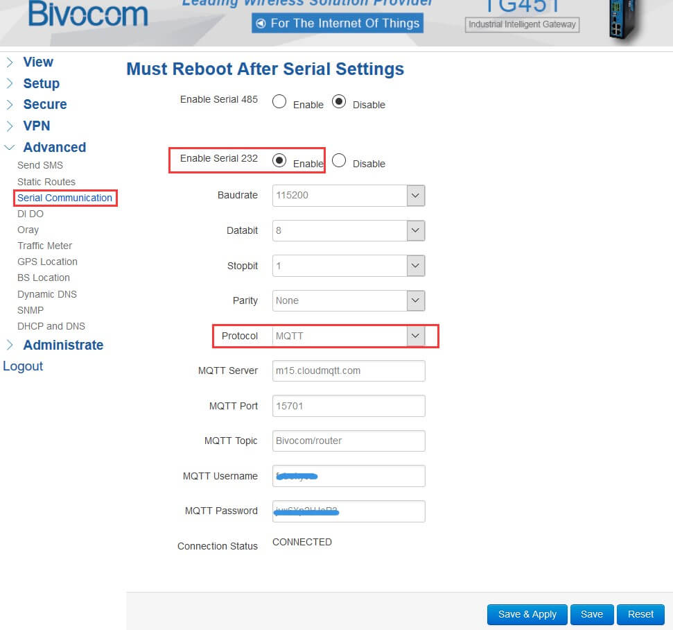 Bivocom TG451 MQTT Config Web Page 1