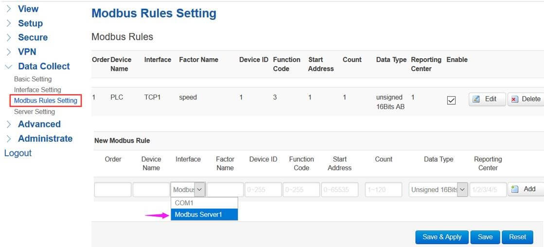 Modbus settings on TR321