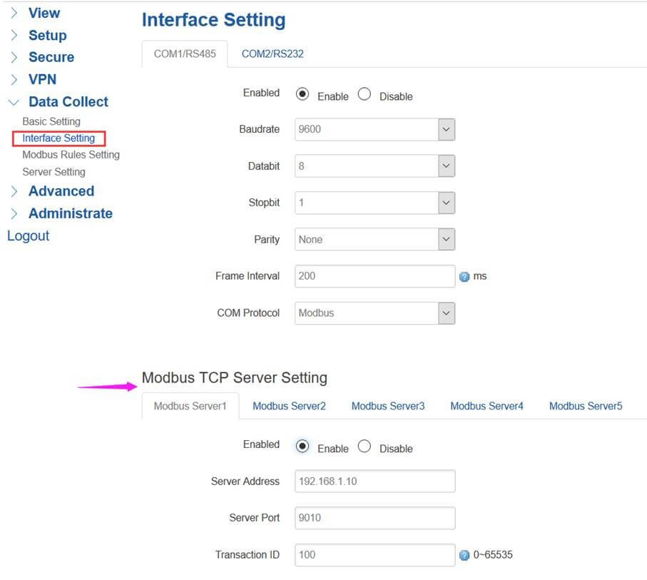 Serial port settings on TR321