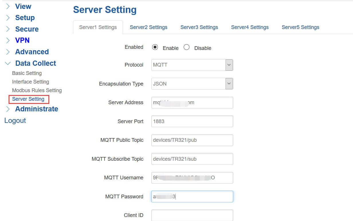 TCP server setting TR321