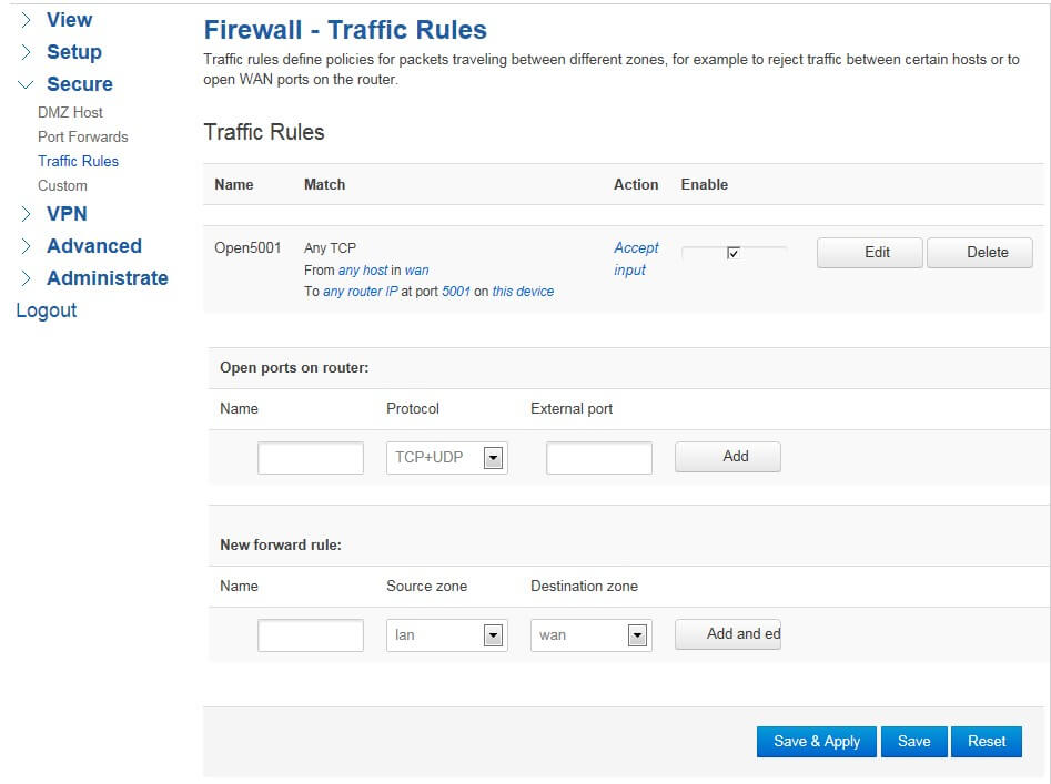 Traffic rules of firewall