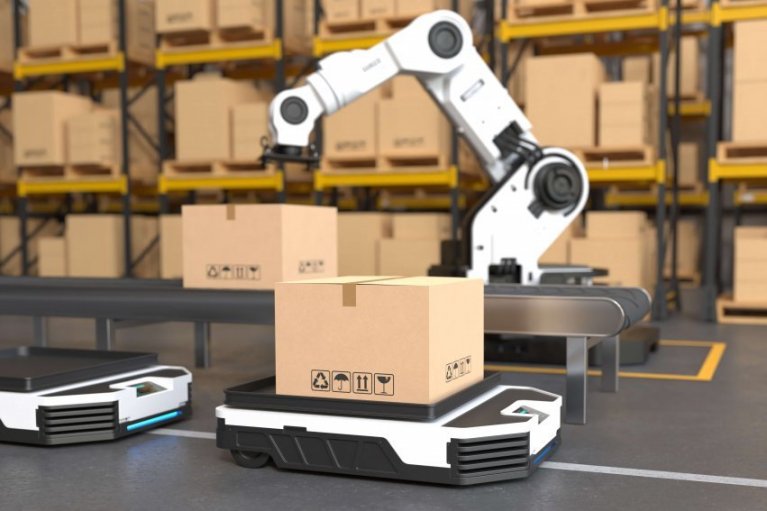 The Robot arm picks up the box to Autonomous Robot transportatio