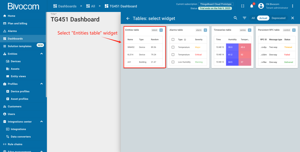 1.4 Entities Table Dashboard Customization for Bivocom ThingsBoard