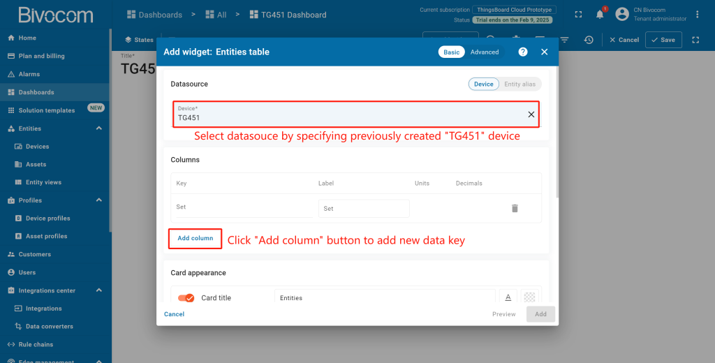 1.5 Entities Table Dashboard Customization for Bivocom ThingsBoard