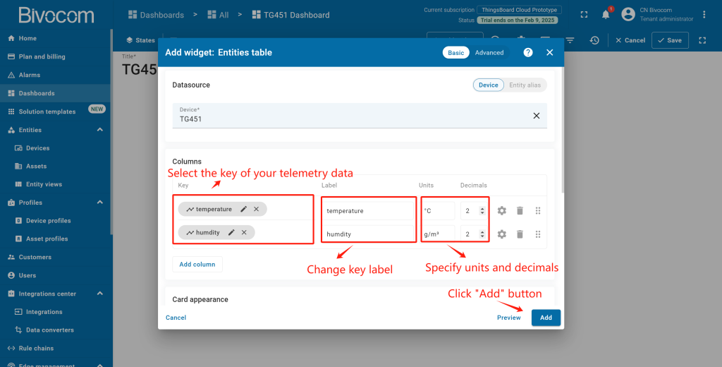 1.6 Entities Table Dashboard Customization for Bivocom ThingsBoard
