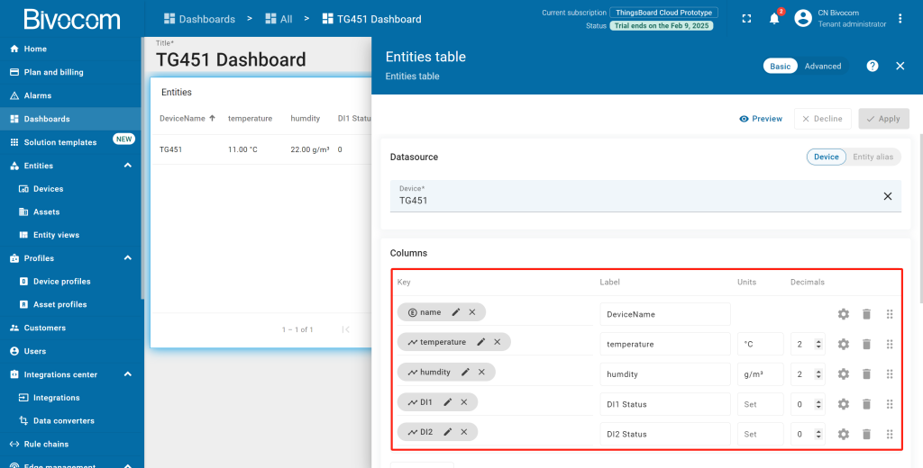1.7 Entities Table Dashboard Customization for Bivocom ThingsBoard