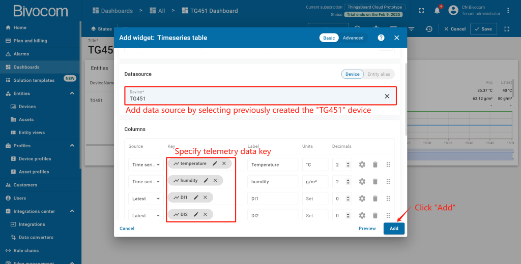 3.4 Timeseries Table Dashboard Customization for Bivocom ThingsBoard