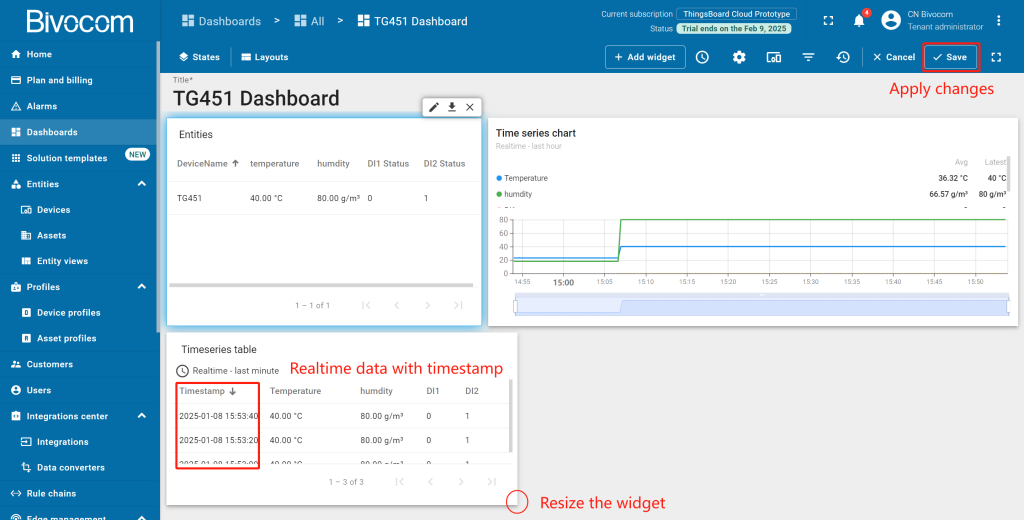 3.5 Timeseries Table Dashboard Customization for Bivocom ThingsBoard