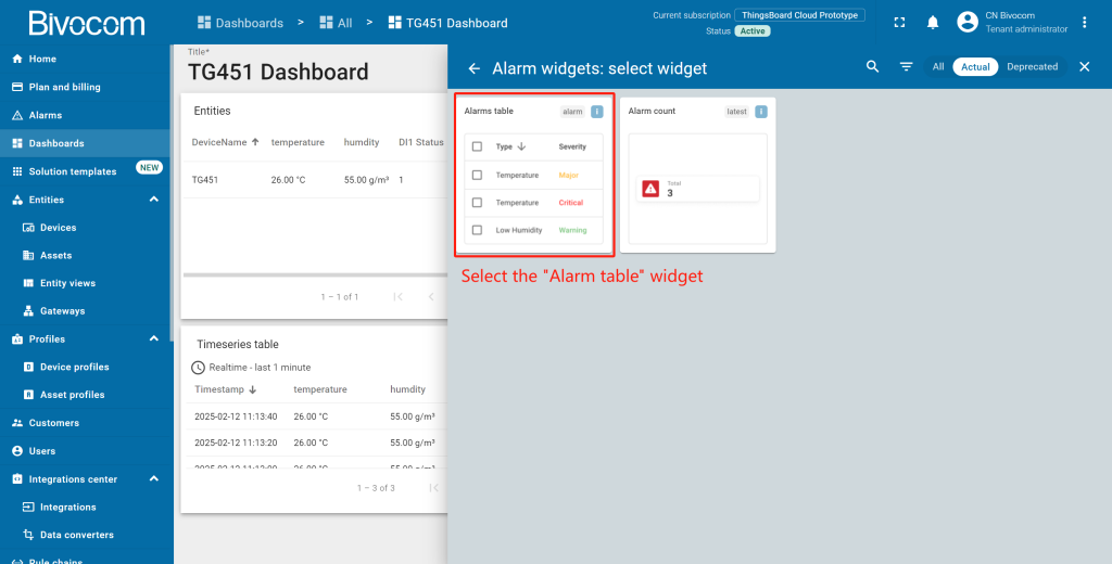 4.3 Alarms Table Dashboard Customization for Bivocom ThingsBoard
