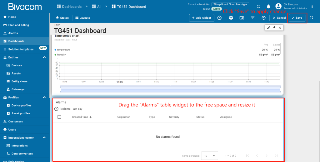 4.5 Alarms Table Dashboard Customization for Bivocom ThingsBoard