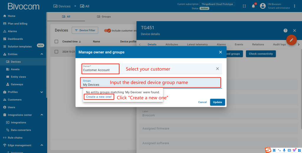 7.3 Change owner of the device Dashboard Customization for Bivocom ThingsBoard