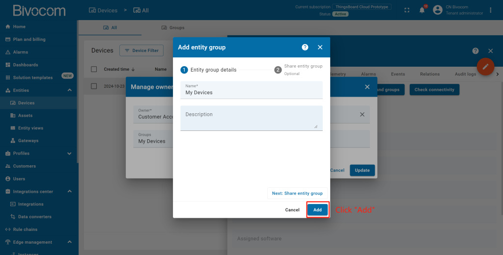 7.5 Change owner of the device Dashboard Customization for Bivocom ThingsBoard