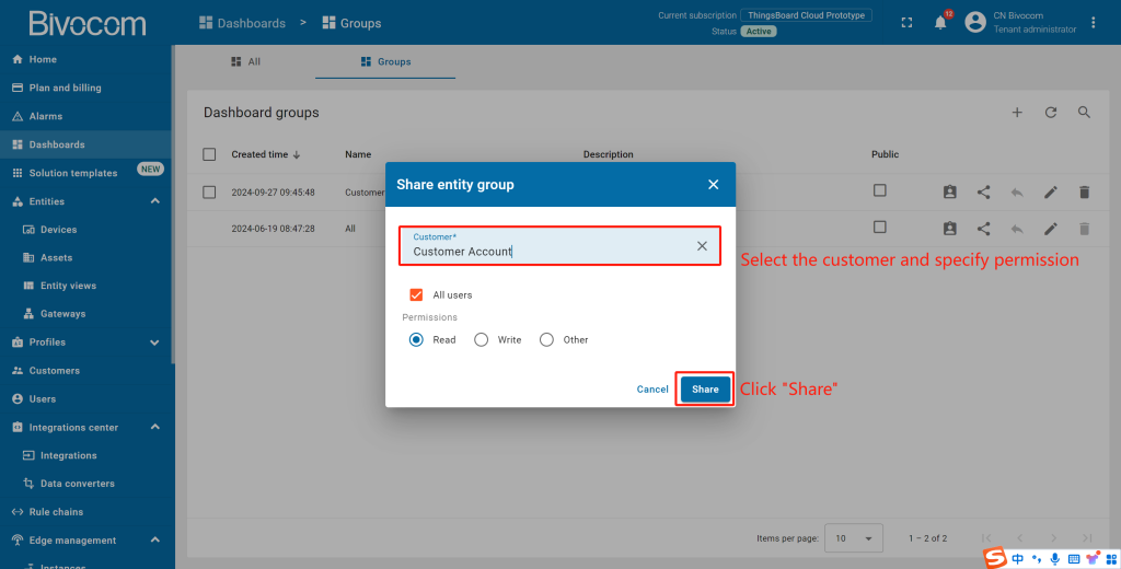 8.2 Share the dashboard Dashboard Customization for Bivocom ThingsBoard